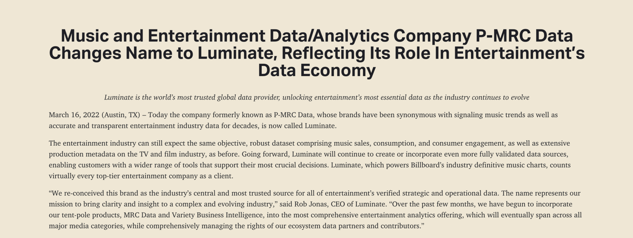 Music and Entertainment Data/Analytics Company P-MRC Data Changes Name to Luminate, Reflecting Its Role In Entertainment’s Data Economy