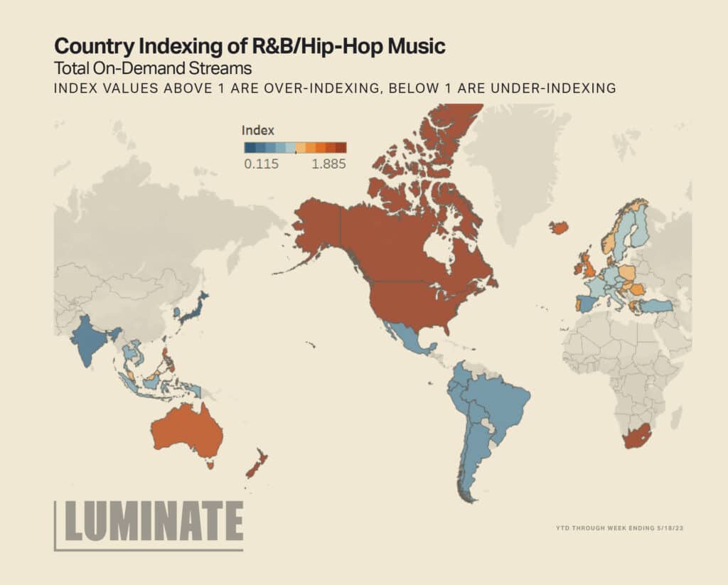 A world map with the title "Country Indexing of R&B/Hip-Hop Music" shows Total On-Demand Streams.