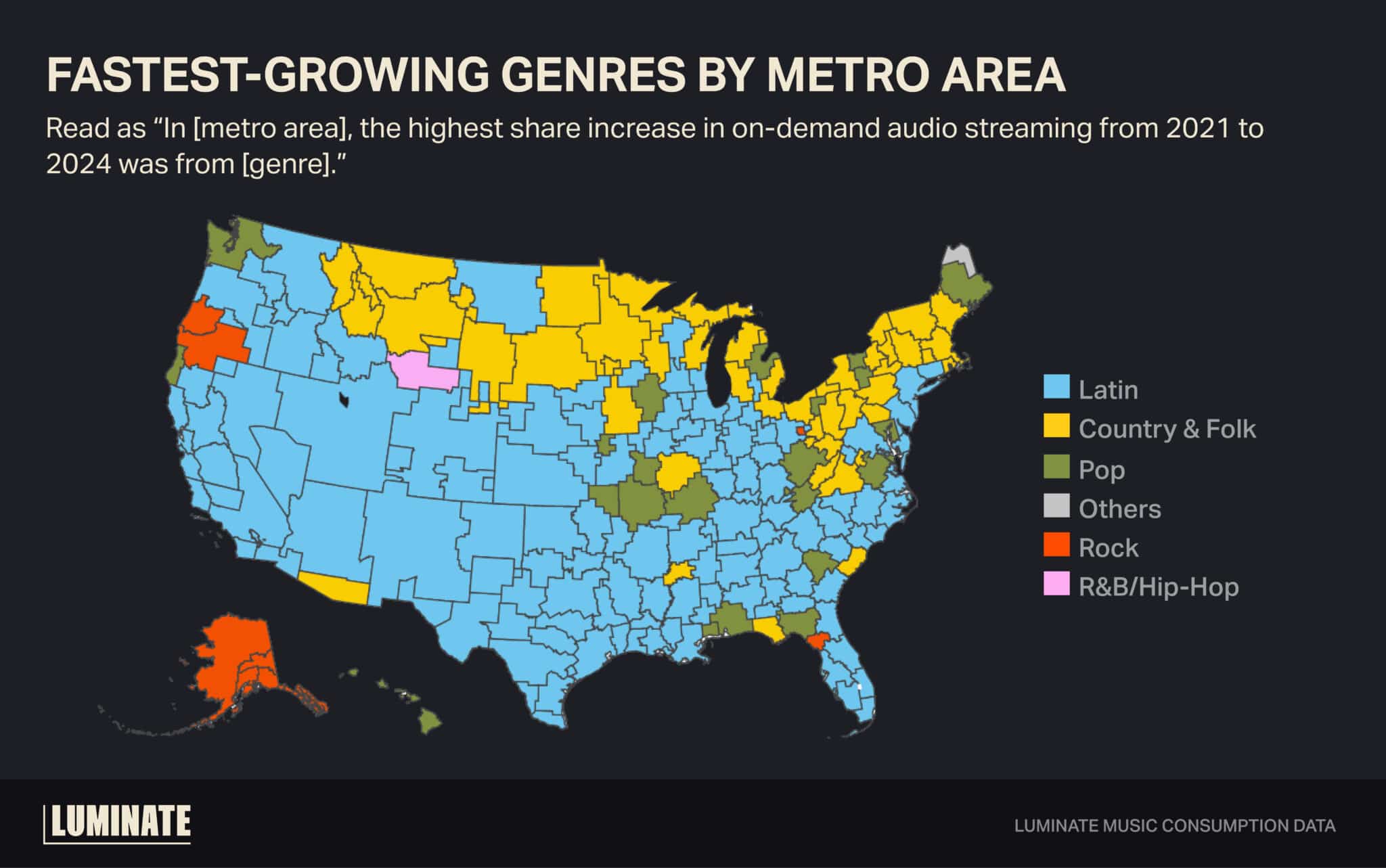 Fastest growing genres by metro area read as 'in [metro area], the highest share increase in on-demand audio streaming from 2021 to 2024 was from [genre].'